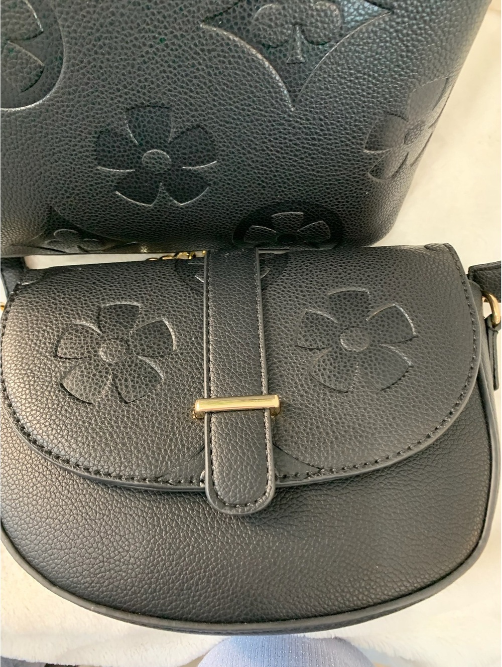 Black Floral Embossed 4-Piece Handbag Set with Gold Hardware